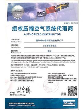 点击查看详细信息<br>标题：阿特拉斯.科普柯授权销售和服务代理商证书 阅读次数：8649